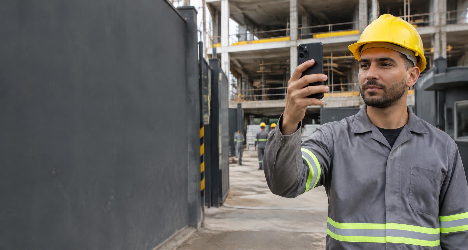Colaborador registrando o ponto pelo celular na entrada de uma obra
